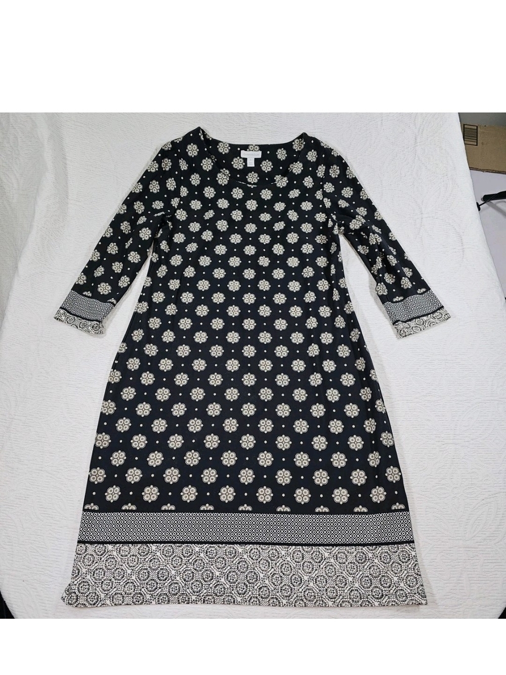 Charter Club Womens L Shift Dress Black White Geometric 3/4 Sleeve Boho Border